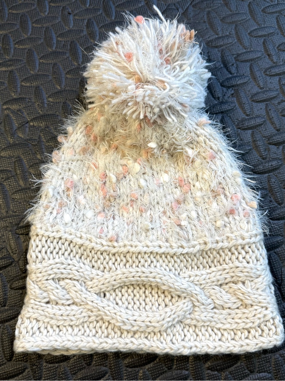 Cream Pink Confetti Fuzzy Knit Pom Pom Beanie Chunky Cozy Winter Hat
